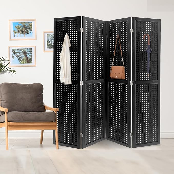 ECOMEX 4 Panel Room Divider, 5.6Ft Pegboard Display Wooden Room Divider Folding Privacy Screen Room Divider Freestanding Peg Board Display for Trade Show Craft Show Home Wall Organizer, Classic Black