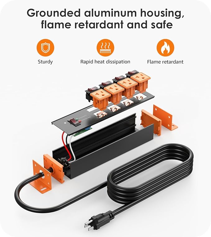CCCEI Heavy Duty Surge Protector Power Strip 20 Amp Individual Switches. 10FT 12 Gauge Extension Cord with Multiple Outlets. Kitchen, Garage, Shop, Industrial Wall Mount Electric Extender, Orange.