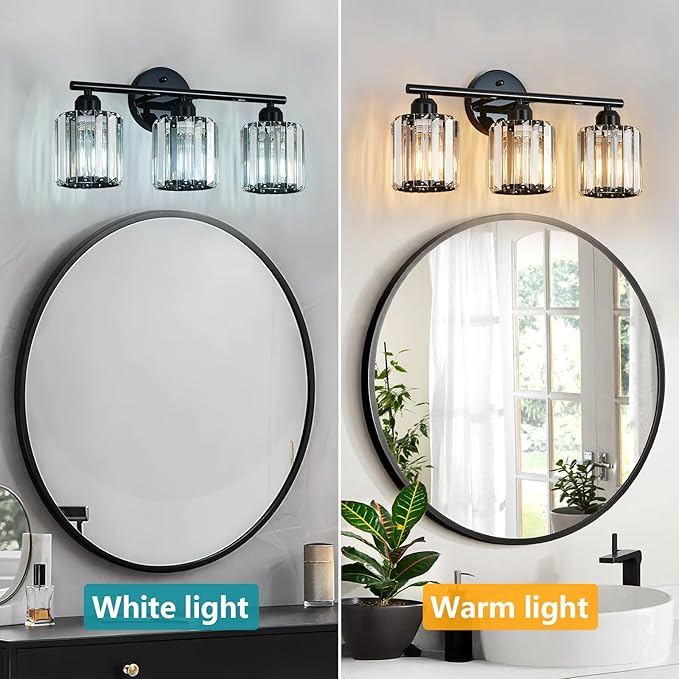 FDPBY Modern 3 Light Crystal Vanity Light, Plating Black Vertical Bathroom Light Fixture Over Mirror for Dressing Table Sink, Compatible with Dimmable Bulbs (Bulbs Not Included)