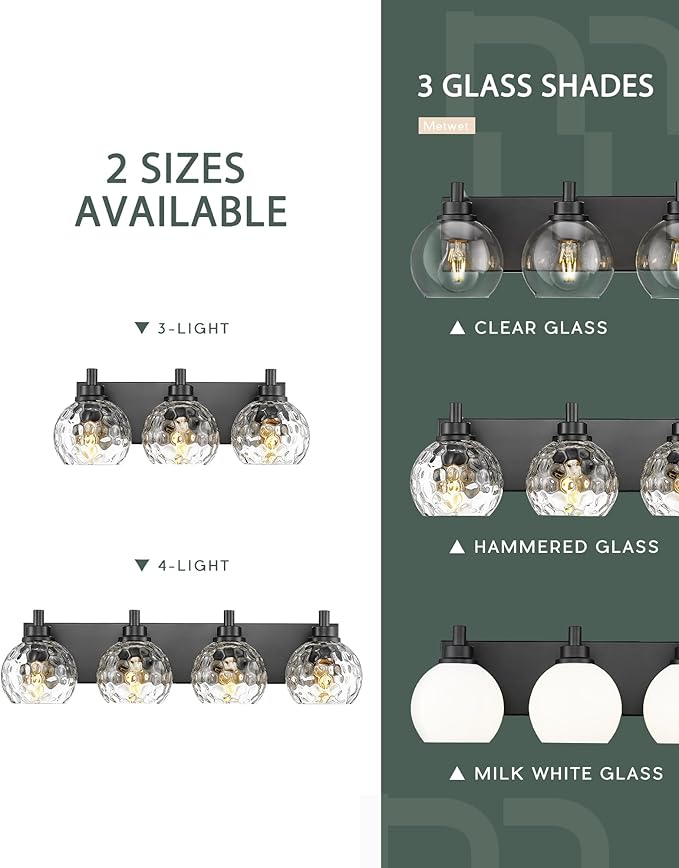 METWET Bathroom Light Fixtures Over Mirror, 3-Light Matte Black Vanity Light with Clear Hammered Glass Globe Shade, Modern Sconces Wall Lighting for Bedroom Hallway, VL200-MB-3