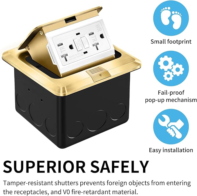Vagueior Pop-Up Floor Box Kit, 20A Tamper-Weather Resistant Receptacle GFCI Outlet, Corrosive Resistant Hardware, ETL Certified,Gold(1 Pack)