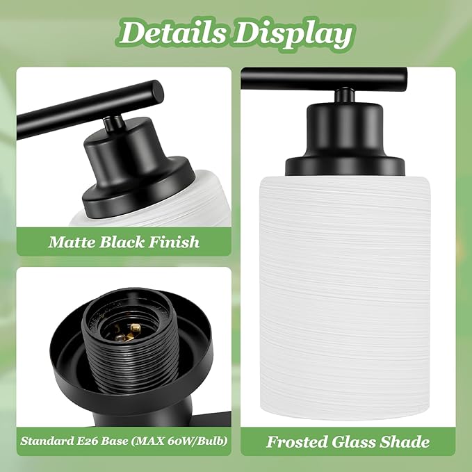 Guliaofo 3-Light Bathroom Light Fixtures, Black Vanity Lights for Mirror with Textured Milky White Glass Shade, E26 Base Modern Kitchen Light Fixtures Wall Sconce Light