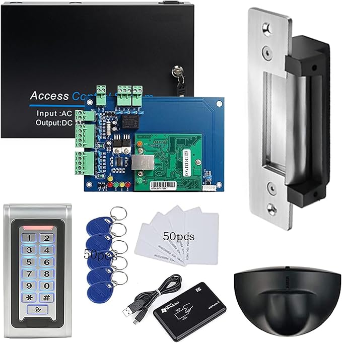 MENGQI-CONTROL 1-Door Security System Overhead Rex Exit Sensor Metal Combo Reader/PIN Entry North American Strike Lock Phone APP Remote Open Lock