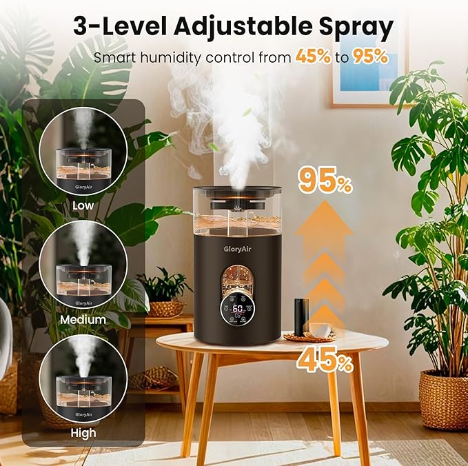 Warm & Cool Mist Humidifier - GloryAir Black 6L Quiet Top Fill Humidifiers for Bedroom Large Room with Smart Humidity Control, Remote Control, 7-Color Light, Humidistat, Oil Diffuser for Baby & Plants