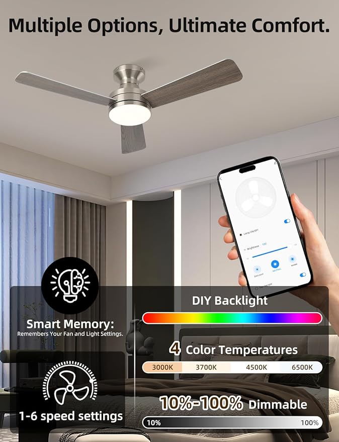 Homlit 42" RGB Ceiling Fan with Light, Music Sync Smart Fan with Alexa/Google/App Control, Low Profile Flush Mount, 6-Speed Quiet DC Motor, 4 CCT Dimmable Lighting for Bedroom Living Room