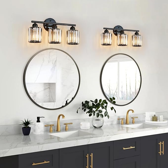 FDPBY Modern 3 Light Crystal Vanity Light, Plating Black Vertical Bathroom Light Fixture Over Mirror for Dressing Table Sink, Compatible with Dimmable Bulbs (Bulbs Not Included)