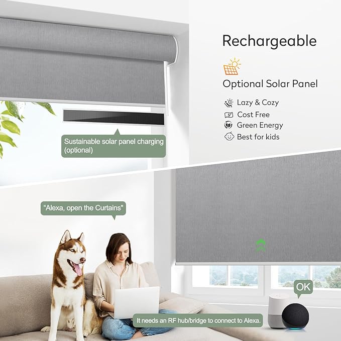 Zshine Motorized Blackout Window Blinds Customize Width (23-95 Inches) Remote Control Wireless and Rechargeable Roller Shades Blinds for Windows, Home, Office, Hotel, Club, Restaurant(82164C)