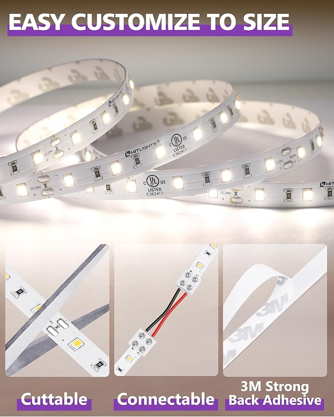 HitLights White LED Strip Lights 4000K 24V, 26.2ft Cuttable Tape Backed 3oz PCB, UL Listed, 1325 Lumen/m, CRI>95, IP20, Lighting for Living Room, Kitchen, Under Cabinets (Power Source Not Included)