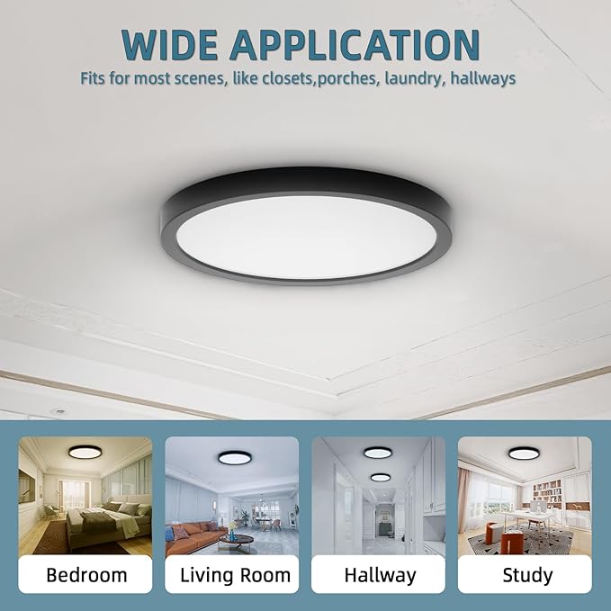 TOPELER Black LED Flush Mount Ceiling Light, 9inch 24W 2000Lm Dimmable Overhead Lighting Fixture, 5CCT Selectable Round Flat Panel Light for Laundry, Stairwell, Basement, Bathroom
