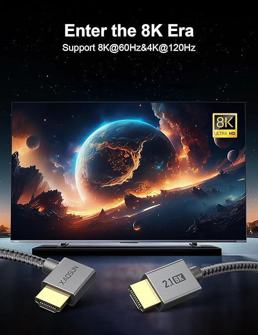 XAOSUN Right Angle HDMI 2.1 Cable 6.6FT, 48Gbps Ultra High Speed HDMI Cord Support 8K@60Hz 4K@120Hz Dynamic HDR eARC HDCP 2.2& 2.3 HDR10, Compatible with ps5,ps4,x-Box,roku TV,HDTV,Blu-ray,lg,Samsung