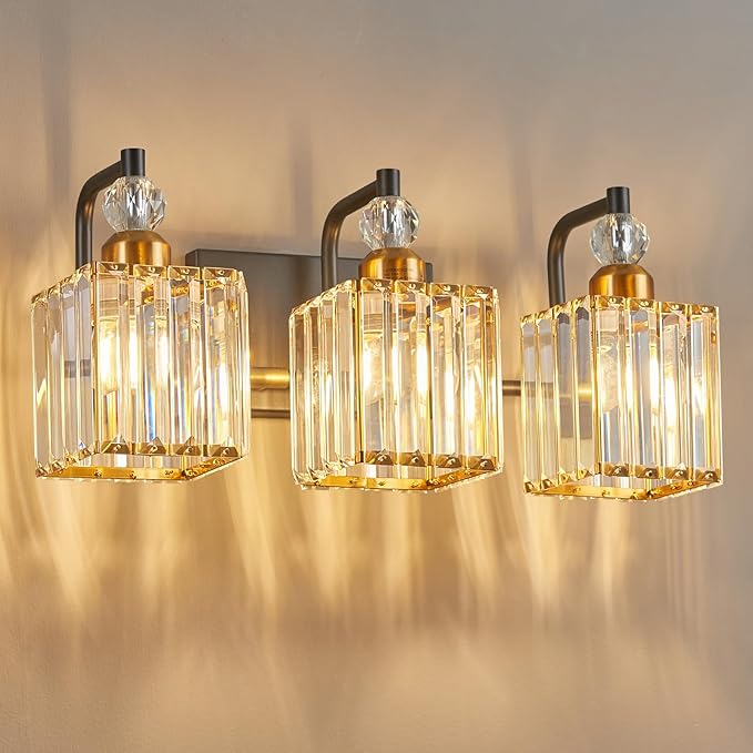 BBLLWJ Bathroom Vanity Lights 3-Light Bathroom Light Gold Brushed Brass Finish Crystal Vanity Light Fixtures Modern Black and Gold Bathroom Light Fixtures Over Mirror