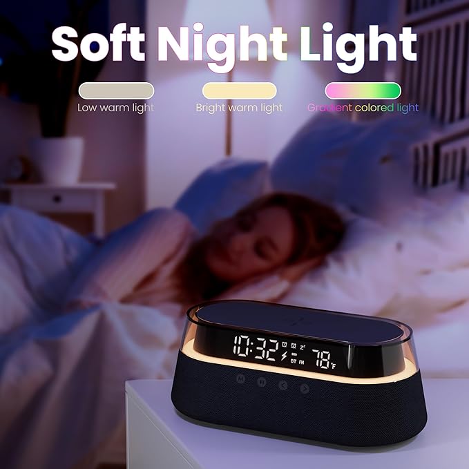 KUANGXIANG 6-in-1 Bluetooth Speaker Alarm Clock with Remote, 15W Fast Wireless Charger Portable Speaker, FM Radio & Dimmable LED Night Light, Snooze 12 24H Dual Digital Clock for Bedroom Home Office