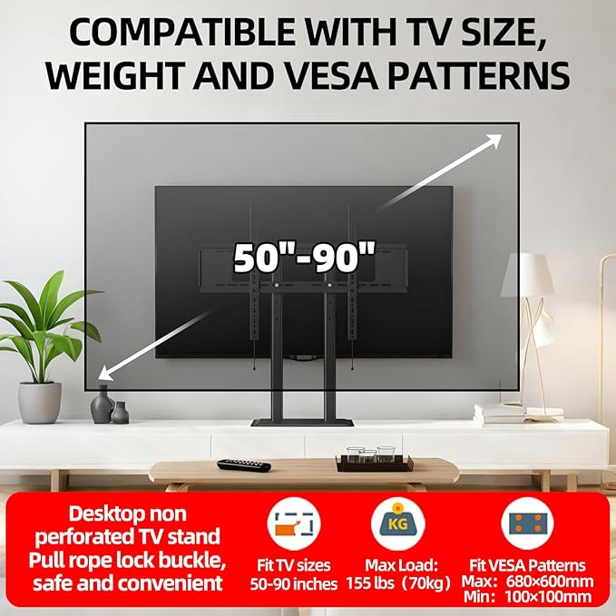 XinleTech Universal TV Stand with Metal Base,Table Top TV Stand for 75 77 85 86 inch TVs - Height Adjustable Stand, VESA 600x600mm, No-Drill Installation,Heavy-Duty,Holds 155lbs,XL-DZ945