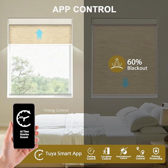 COOLWINDS Motorized Blinds with Remote Cordless Automatic Motorized Shades Custom Blinds for Windows Smart Curtains Compatible with Alexa Google Home(Light Filtering Linen Soft Dunes,W48 x H72in)
