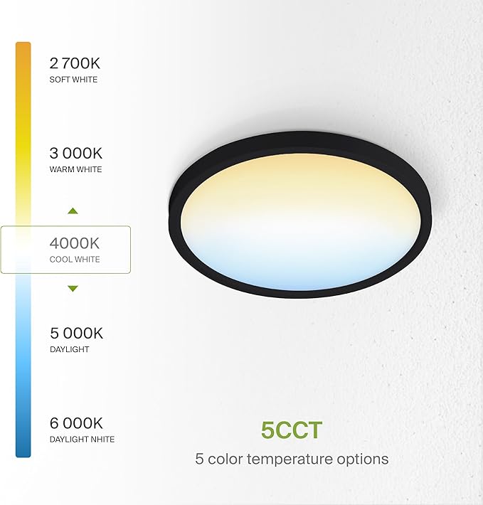 ASD LED 9" Round Flush Mount Ceiling Light Fixture, Low Profile Surface Lighting | 5CCT, Dimmable, Ultra-Thin, ETL Listed | 18W 1660LM 2700-6000K 120V | Kitchen, Bedroom, Hallway Lamp | Black