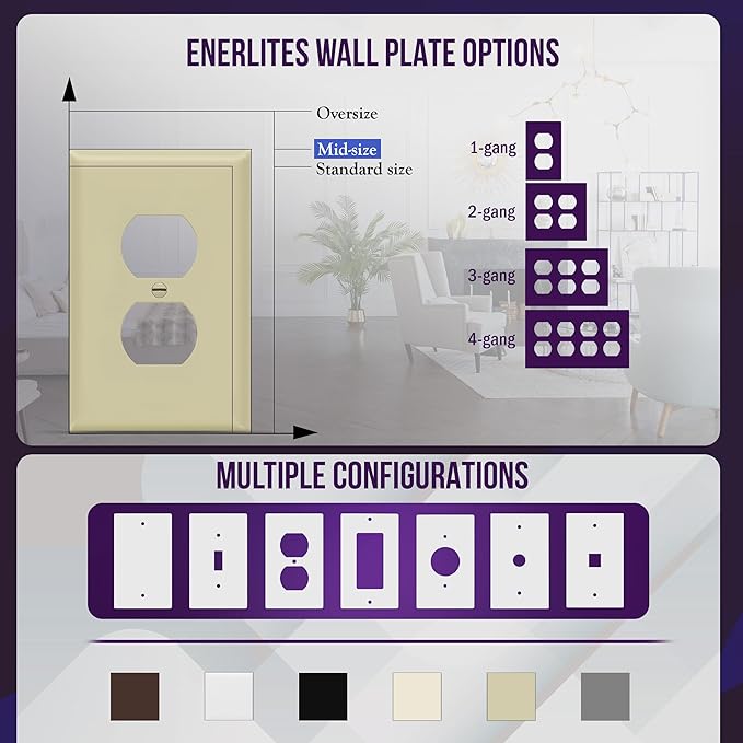 ENERLITES Duplex Receptacle Outlet Wall Plate, Electrical Outlet Cover, Gloss Finish, Mid-Size 1-Gang 4.88" x 3.11", Unbreakable Polycarbonate Thermoplastic, UL Listed, 8821M-I-10PCS, Ivory, 10 Pack