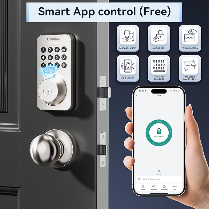 Ulecoce Fingerprint Keypad Deadbolt with Handle Set, Keyless Entry Door Lock, Door Locks for Front Door Lock Set, App Control, Auto Locking, Easy to Install, Satin Nickel