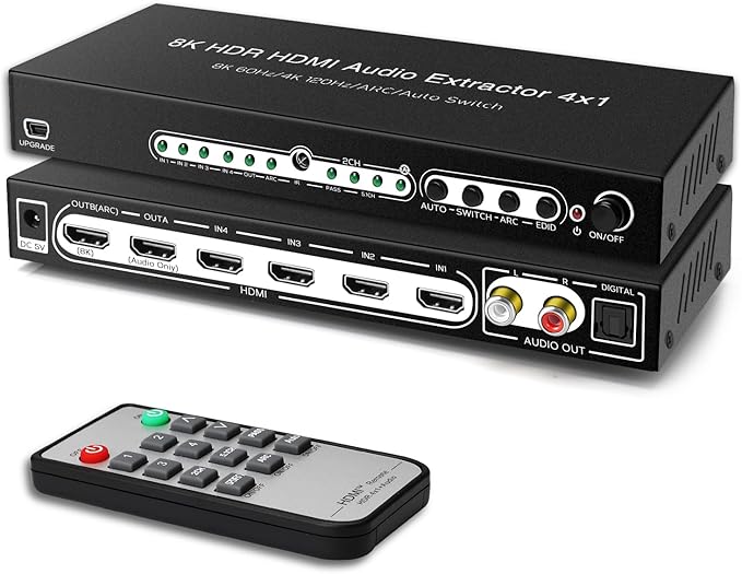 8K 60HZ HDMI Switch 4 In 1 Out with 7.1CH Audio Extractor and ARC, FERRISA HDMI 2.1 Switch Audio Converter Support Optical, L/R Audio, 4x1 HDMI Switch with Remote Support CEC, UHD, HDCP2.2, 3D, 40Gbps