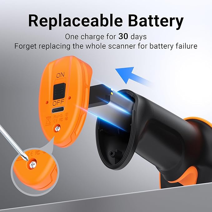 Tera Pro Barcode Scanner with Power Switch Battery Level Indicator Replaceable Battery Wall Mountable Stand 1D 2D QR Works with Bluetooth 2.4G Wireless USB Wired Bar Code Reader D6100