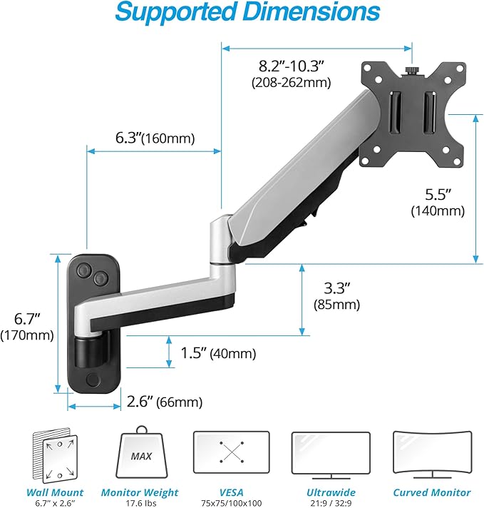 AVLT Single Extended 13"-32" Wall Mount - Curved/ Flat Monitor, Full Motion Height Swivel Tilt Rotation Adjustable Arm - VESA/Cable Management