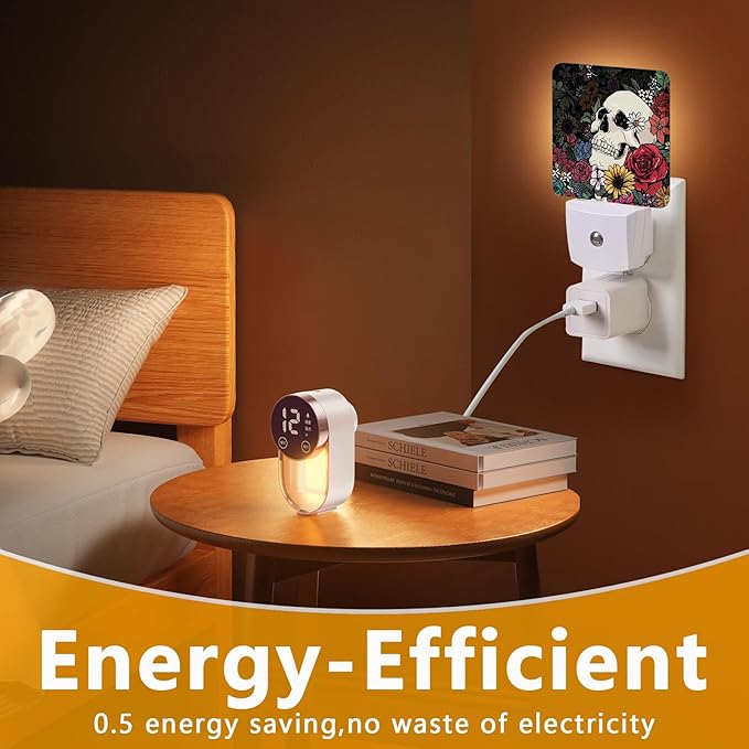 GANTINIR Halloween Skull Night Light, Plug-into Skeleton Flower Floral Nightlight White LED Lamp, Energy Efficient Decor Desk Lamp for Bedroom Hallway Stairs Bathroom