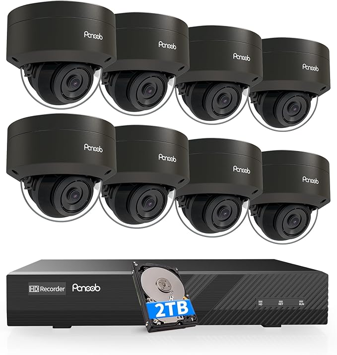PANOOB 8 Channel Security Camera System, 8X 4K IK-10 Vandal-Proof PoE Dome Cameras, AI Human Vehicle Detection, IP66 100ft IR Night Vision Built-in Microphone, 4K 8CH PoE NVR 2TB HDD, PD54B0808-8M