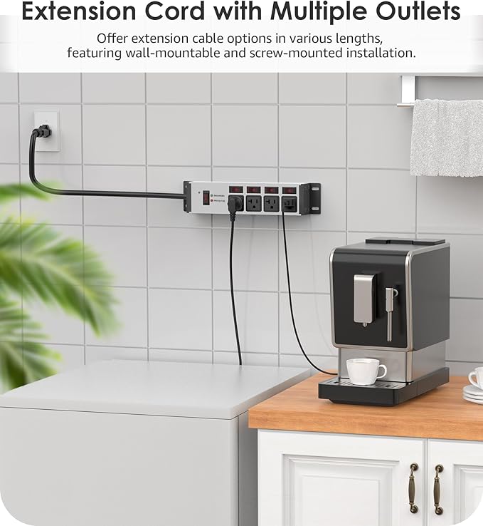 CCCEI Heavy Duty Surge Protector Power Strip 20 Amp Individual Switches. 4FT 12 Gauge Extension Cord with Multiple Outlets. Kitchen, Garage, Shop, Industrial Wall Mount Electric Extender, Grey.