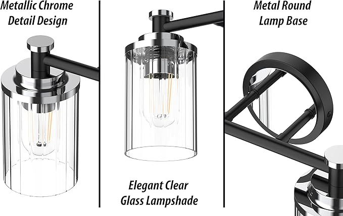 PHIXART Bathroom Lighting Fixtures Black and Chrome Bathroom Vanity Light with Cylindrical Clear Stripes Glass Lampshade E26 Socket Base Bathroom Lighting Fixtures Over Mirror (4 Lights)