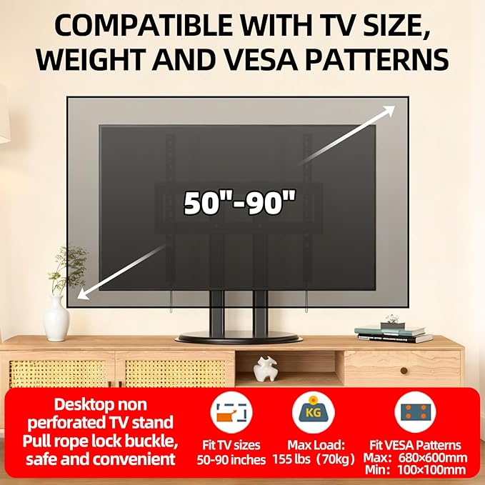 XinleTech Table Top TV Stand with Heavy-Duty Metal Base,Universal TV Stand for 50-90 inch TVs,Height Adjustable TV Mount Stand,No Drill Installation, Max VESA 680x600mm, Holds up to 155lbs,XL-DZ750