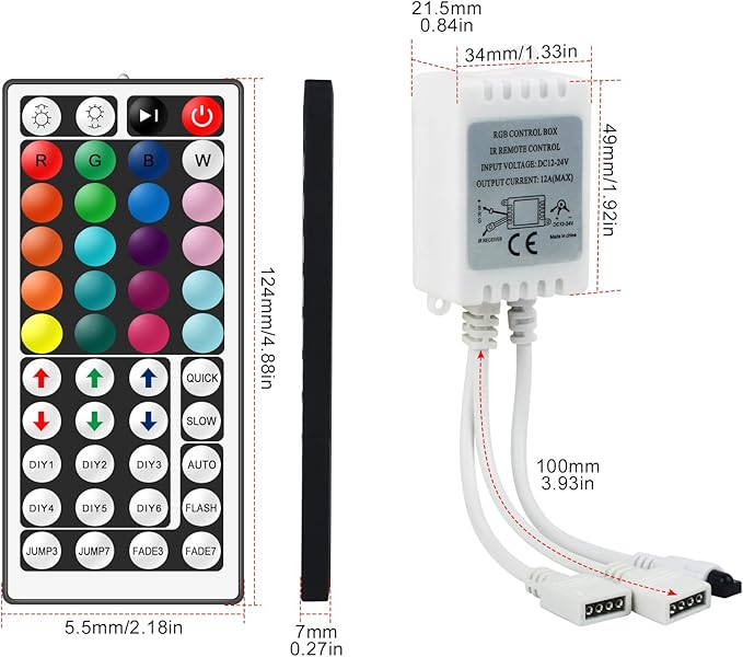 RGB LED Strip Light Remote Controller, 44 Key IR Remote with 2-in-1 4 Pin Connector, Dual Output Dimmer for 12V-24V DC 5050/3528 LED Tape Rope Lighting, 30ft Range