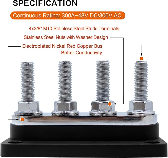 AMOMD 300A Bus Bars 4 Terminal Studs (3/8 inch) M10 Nickel Plated Copper Distribution Block Negative Electrical Buss Bars 12-48 V DC with Cover for Trailer Marine Boat Car RV (Black)