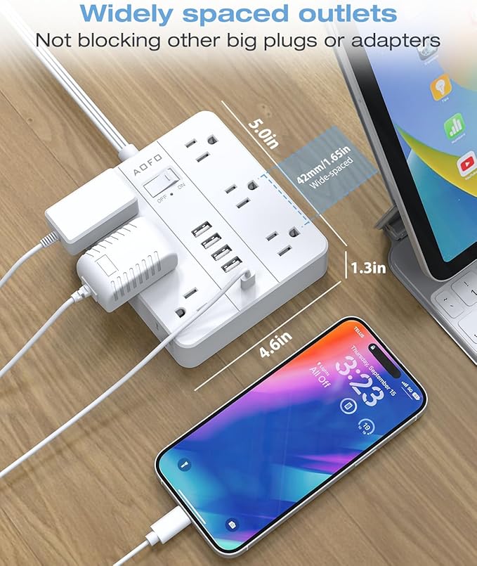 AOFO 25FT Surge Protector Power Strip,12 AC Outlets with 6 USB Ports (2 USB-C), Flat Plug Extension Cord with Multiple Outlets, Wall Mount for Home Office,Dorm, White
