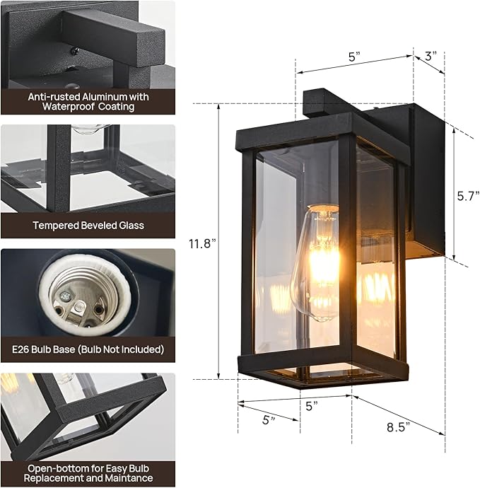 JOKAONOTL Dusk to Dawn Porch Lights with GFCI Outlets Waterproof Outdoor Wall Lights Exterior Lighting Fixtures Modern Outside Lights Wall Mount for House Patio Garage,Black,11.8''H, 2 PC