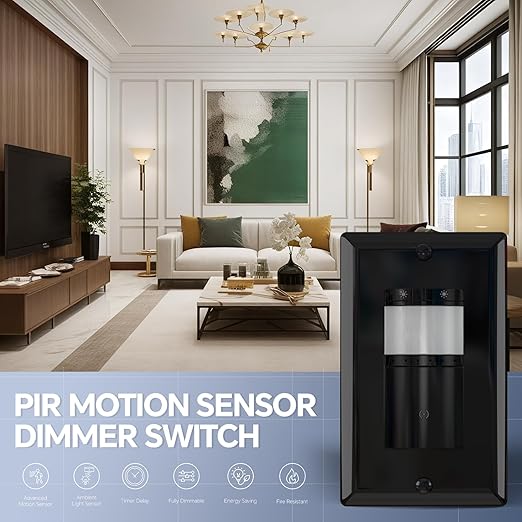 ECOELER Motion Sensor Dimmer Switch, in-Wall Electronic Dimmer with PIR Infrared Motion Activated, Single Pole, Occupancy & Vacancy Modes, Neutral Wire Required, Wall Plate Included, Black, 2Pack