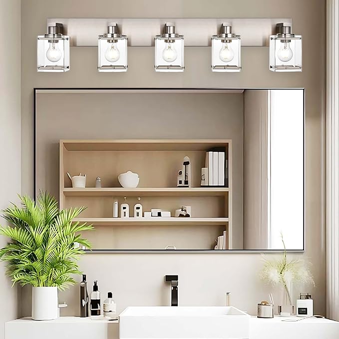 WINSHEN 5-Lights Brushed Nickel Bathroom Wall Light with Clear Glass Shade, E26 Bulb Base Vanity Lighting Fixtures Over Mirror for Kitchen Cabinet Bedroom