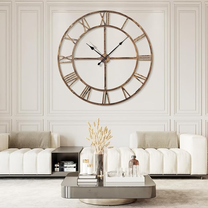 Ohweog Large Wall Clock for Living Room Decor – 60 Inch Silent Non-Ticking Modern Farmhouse Wall Clock, Oversized Decorative Metal Roman Numeral Clock (Bronze, 60 Inch)