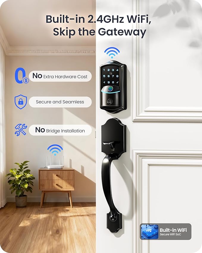 Veise VE027-H Built-in Wi-Fi Fingerprint Smart Deadbolt Lock with Handleset, App Remote & Voice Control, Keyless Entry Front Door Lock Set, Touchscreen Keypad, Auto-Lock, Easy Setup, Matte Black