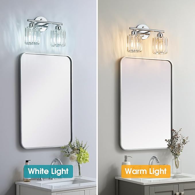FDPBY Modern 2 Light Crystal Vanity Light, Chrome Vertical Bathroom Light Fixture Over Mirror for Dressing Table Sink, Compatible with Dimmable Bulbs (Bulbs Not Included)