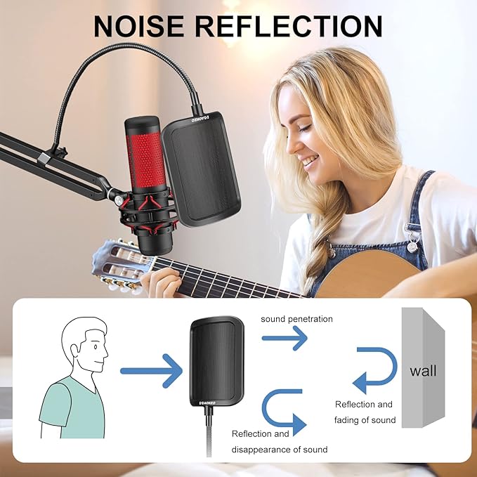 Aokeo Metal Pop Filter,Metal Mesh Layer Microphone Windscreen for Hyperx QuadCast, Blue Yeti and Other Mics,Pop Shield with Flexible 360° Gooseneck Clip Stabilization Arm