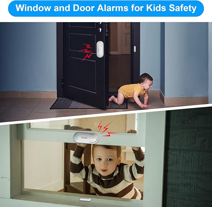 SanJie Adjustable Volume Door Alarm Sensor for Home Security & Child Safety, 120dB Burglar Alarm with 4 Modes - Wireless Window & Entry Alert for Pool, Office, Shop, Business