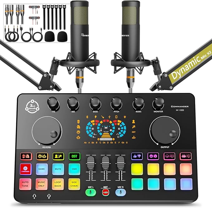 Podcast Equipment Bundle for 2, Audio Mixer with XLR Dynamic Microphone, Voice Change,RGB for Vocal Recording Podcasting,Streaming Singing TikTok, PC, Smartphone COMMANDER M100 3rd