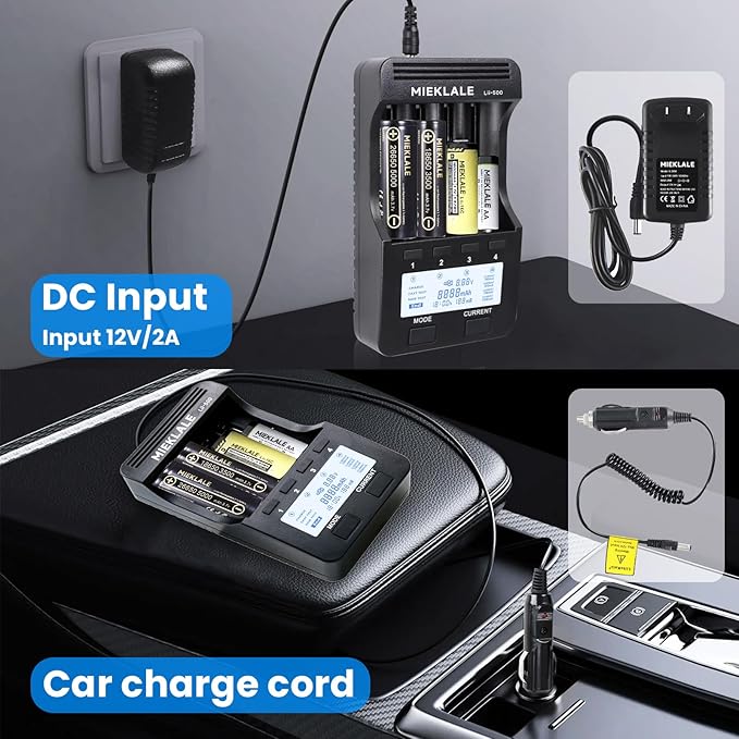 18650 Battery Charger, MIEKLALE 4 Bay Battery Charger with LCD Display Fast Charge for Rechargeable Batteries Li-ion 26650 18650 16340 10440 14500 20700,NI-MH NI-Cd AA AAA