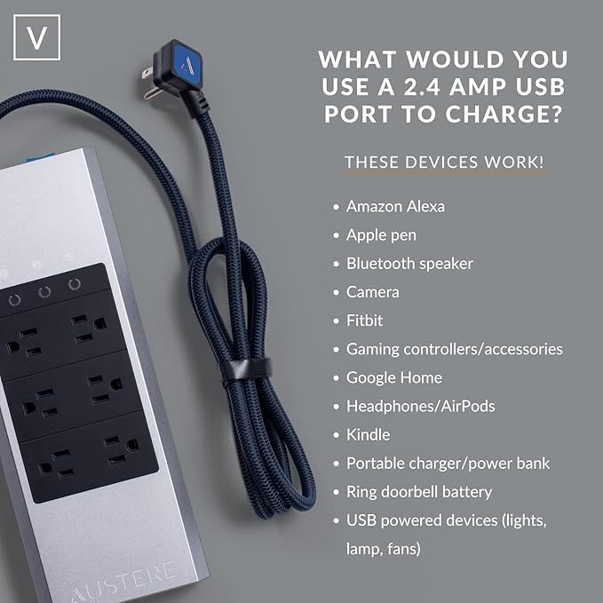 Austere V Series Surge Protector Power Strip, 6 Wide Outlet, 3 USB C & 2 USB A 2.4 amp Ports | 3000 Joules Heavy Duty, EMI/RFI Filtering, 5 Year Component Guarantee