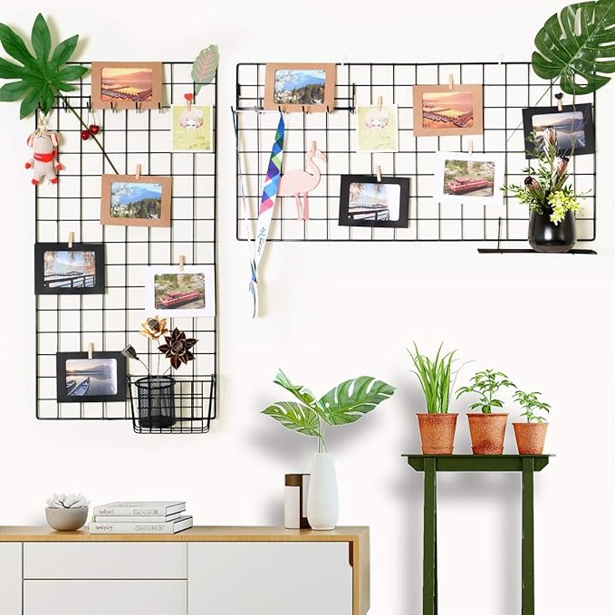 Wall Photo Grid Shelf, Wall Hanging Ins Art Display Grid Panel for Decor & Storage, Metal Wire Notice Boards & Memo Board, Mesh Tool Organiser, Wall Photo Frame 2 Pcs (Black, 15.7 x 31.5 inches)