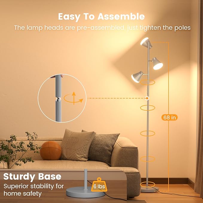 SIBRILLE 36W LED Tree Floor Lamp, Dimmable Tall Standing Lamp with Remote & Touch Control, 4 Color Temperatures Bright Floor Lamp, 3 Rotatable Light Modern Floor Lamps for Living Room Bedroom Office