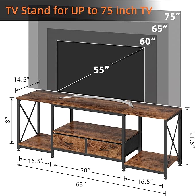GYIIYUO TV Stand with Fabric Drawers for 65 70 75 Inches TV - Entertainment Center and Industrial TV Console Table with Open Storage Shelves for Living Room, Bedroom - 63" Rustic Brown