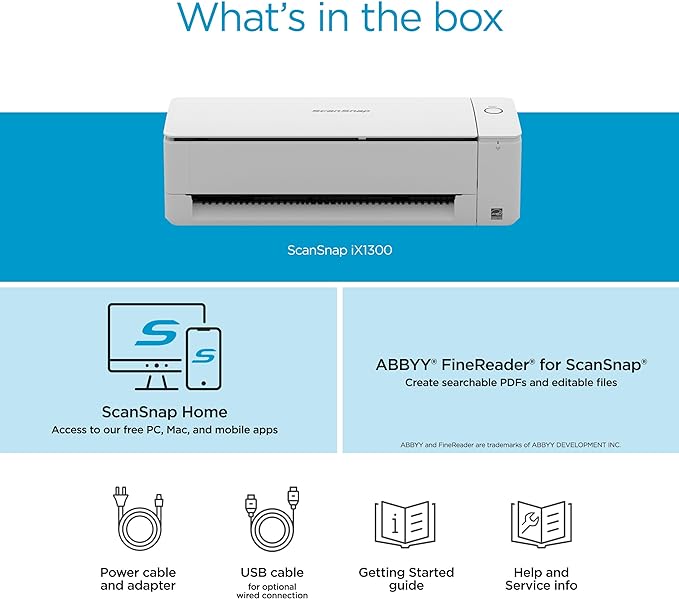 ScanSnap iX1300 Compact Wireless or USB Double-Sided Color Document, Photo & Receipt Scanner with Auto Document Feeder and Manual Feeder for Mac or PC, White
