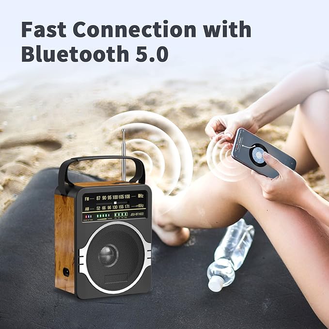 JEUJUG Portable AM FM Radio, Bluetooth 5.0 Radios 5 Watts Loud Speaker,FM Radio Built-in Rechargeable Battery/DC D*4 Cell Battery Operated & AC Power Plug in Wall Retro