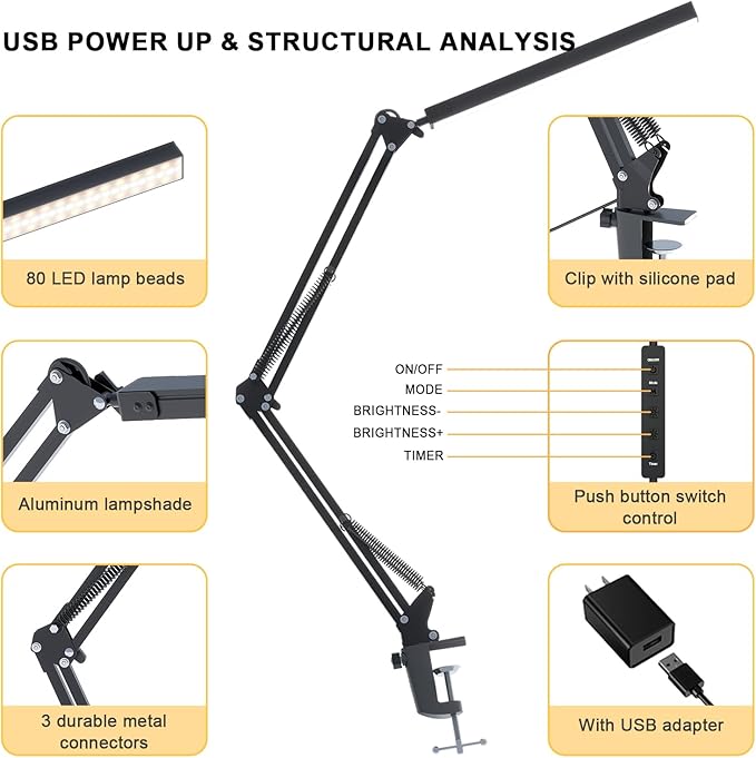 TROPICALTREE LED Desk Lamp for Home Office, Clamp-On with 5 Light Modes & Auto Shut Off | 14W Adjustable Brightness 5000K Eye-Caring Lighting for Study/Bedroom/Computer Desk