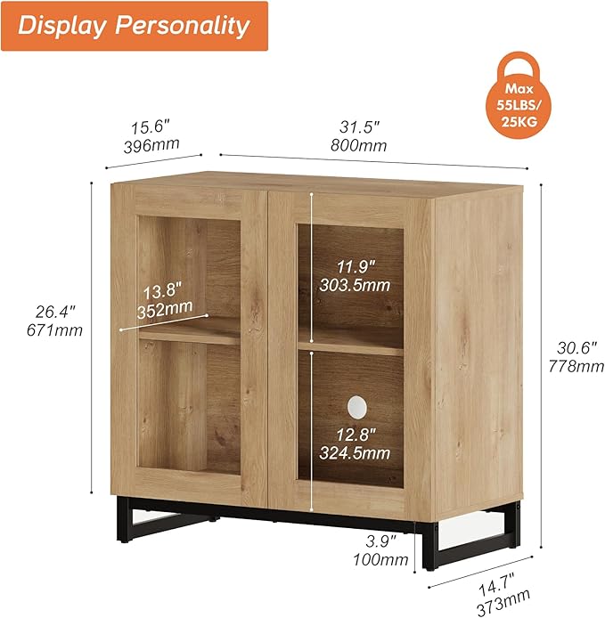 WAMPAT Modern TV Stand with Glass Doors for 32-40 inch TVs, Entertainment Center Console with Adjustable Shelves for Living Room, Bedroom, Oak